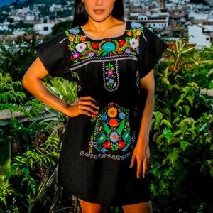 Black Floral Embroidered Mexican Mini Dress